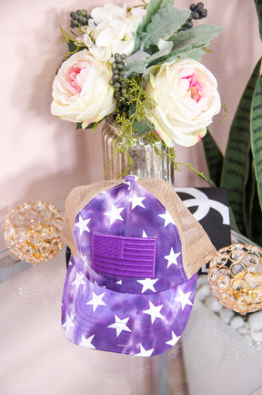 Purple Tie Dye/Star/Flag Printed Crisscross Hat - HAT1450PU