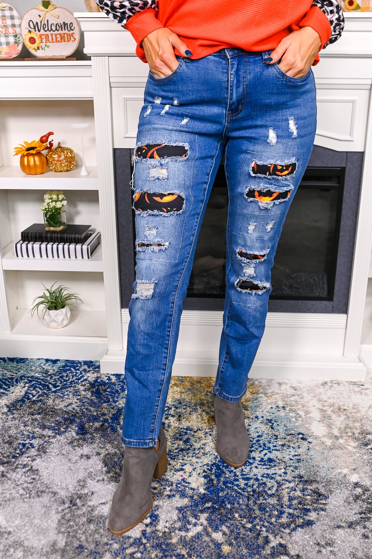 Here For The Boo's Denim/Black Halloween Patch/Distressed Jeans - K842DN