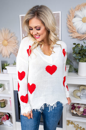 Cupid's Bestie Off White/Red Heart Printed Frayed Sweater Top - T6199OW