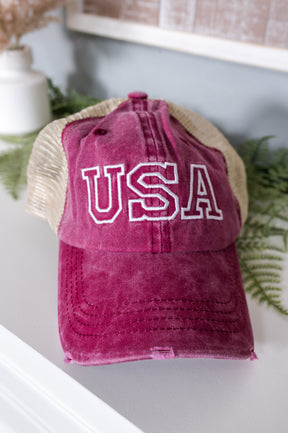 USA Vintage Red/Tan Distressed Trucker Hat - HAT1449VRD
