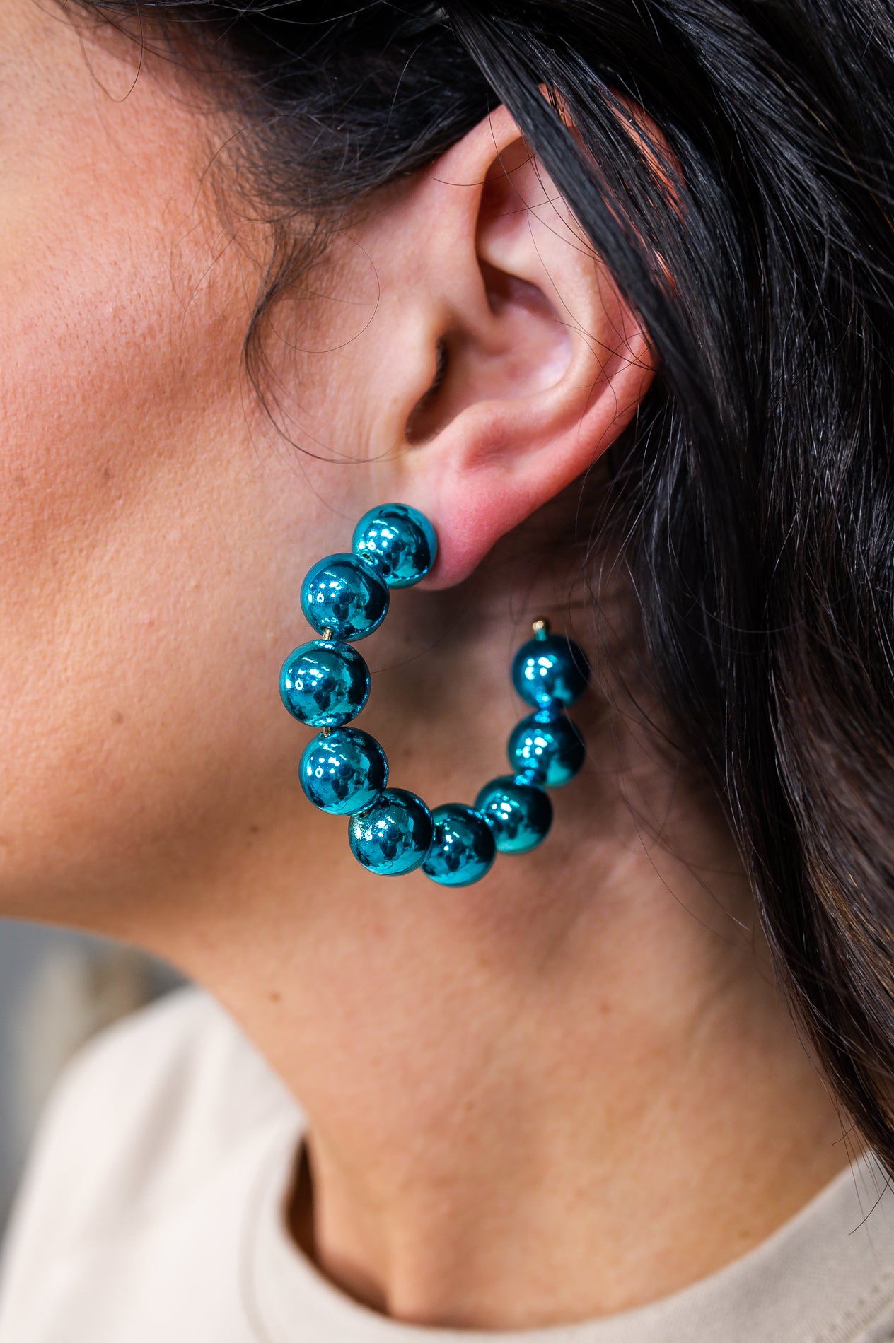 Aqua Beaded Open Hoop Earrings - EAR4058AQ