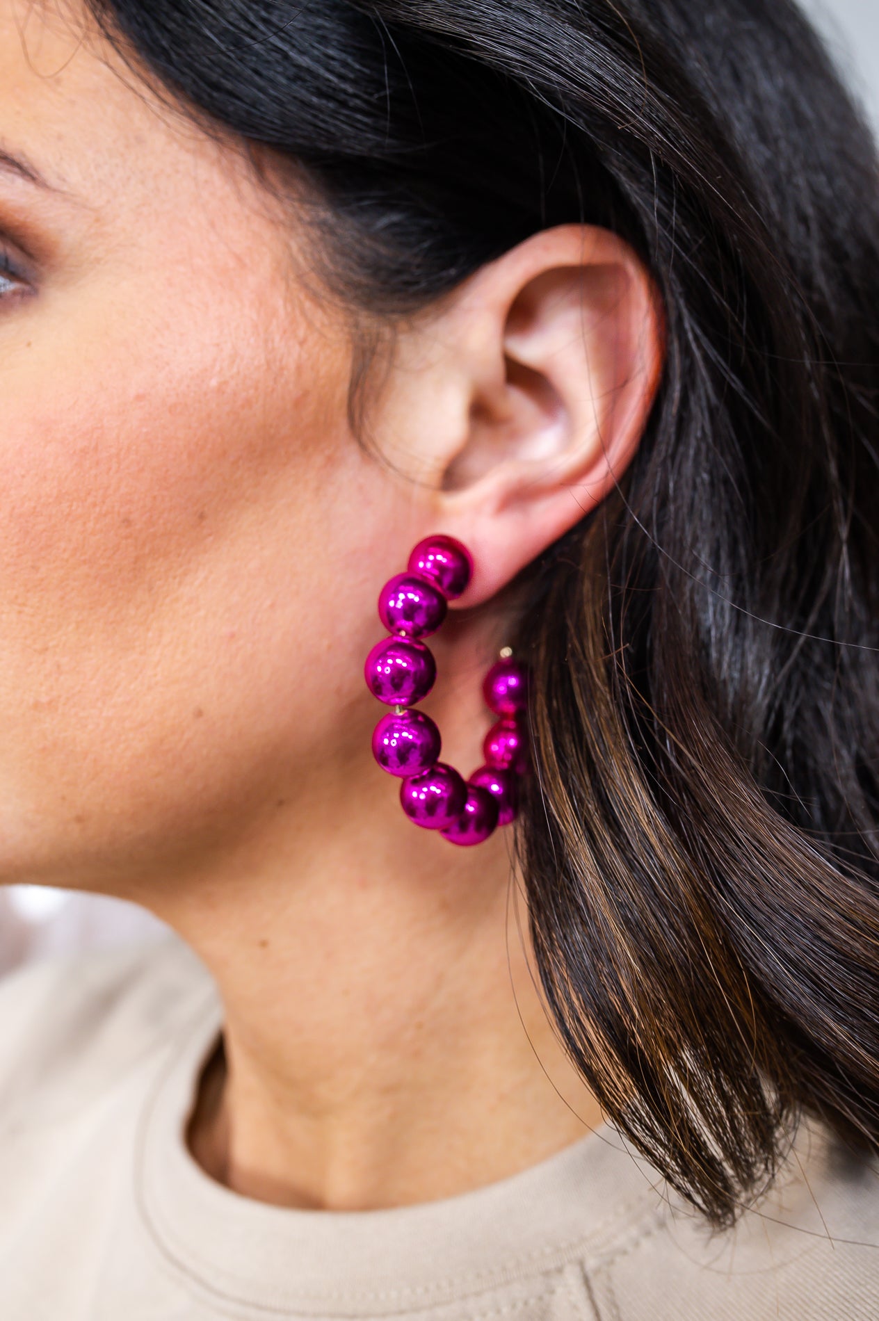 Fuchsia Beaded Open Hoop Earrings - EAR4059FU