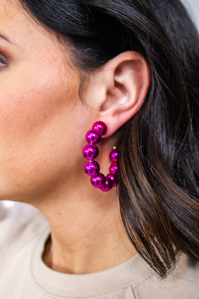 Fuchsia Beaded Open Hoop Earrings - EAR4059FU