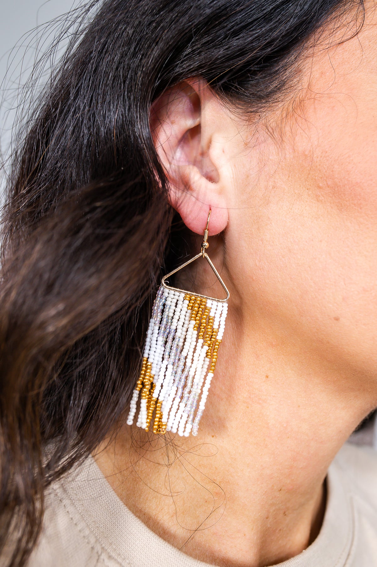 White/Silver/Gold Triangle Seed Bead Tassel Earrings - EAR4071WH