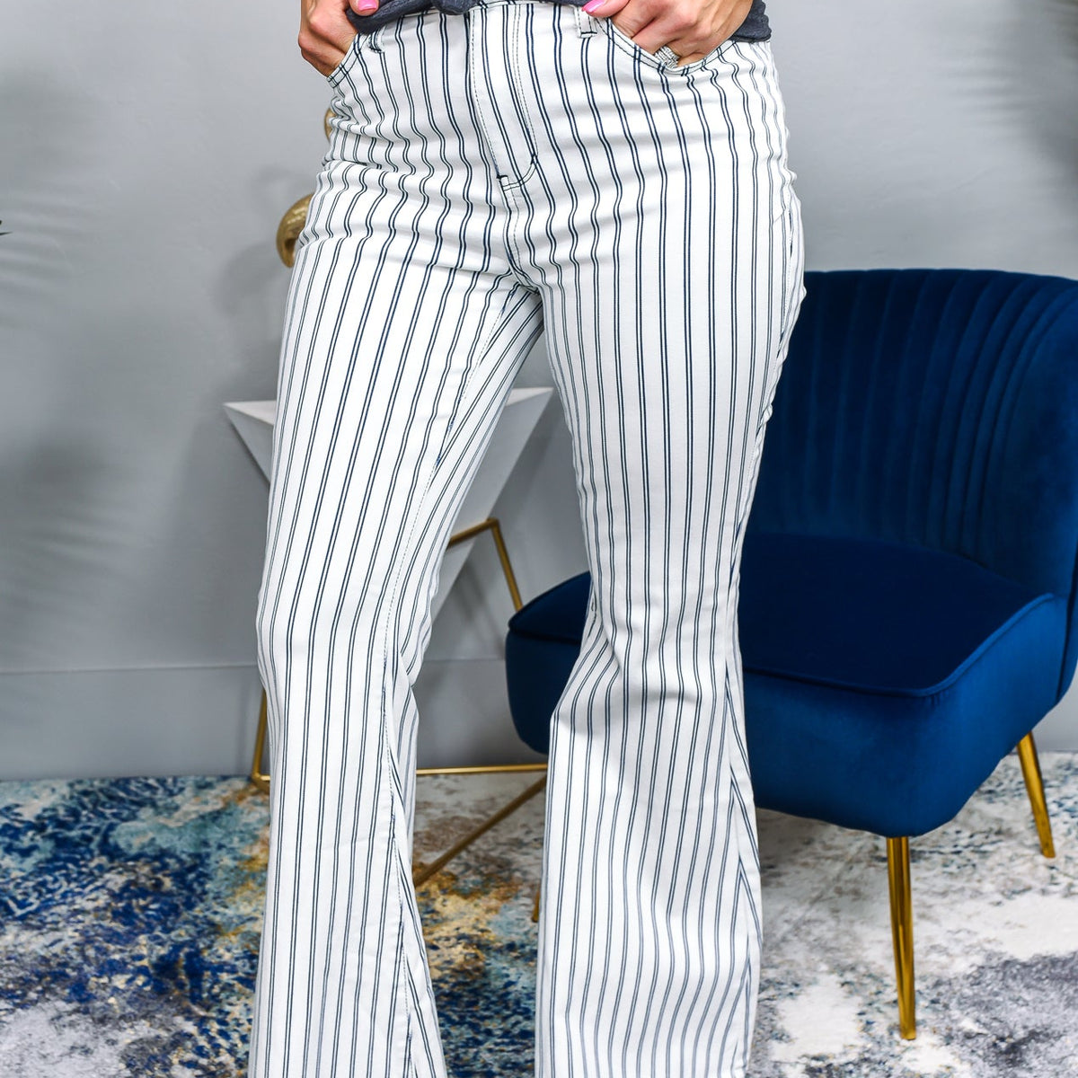 Blue and white striped bell bottom jeans 2025