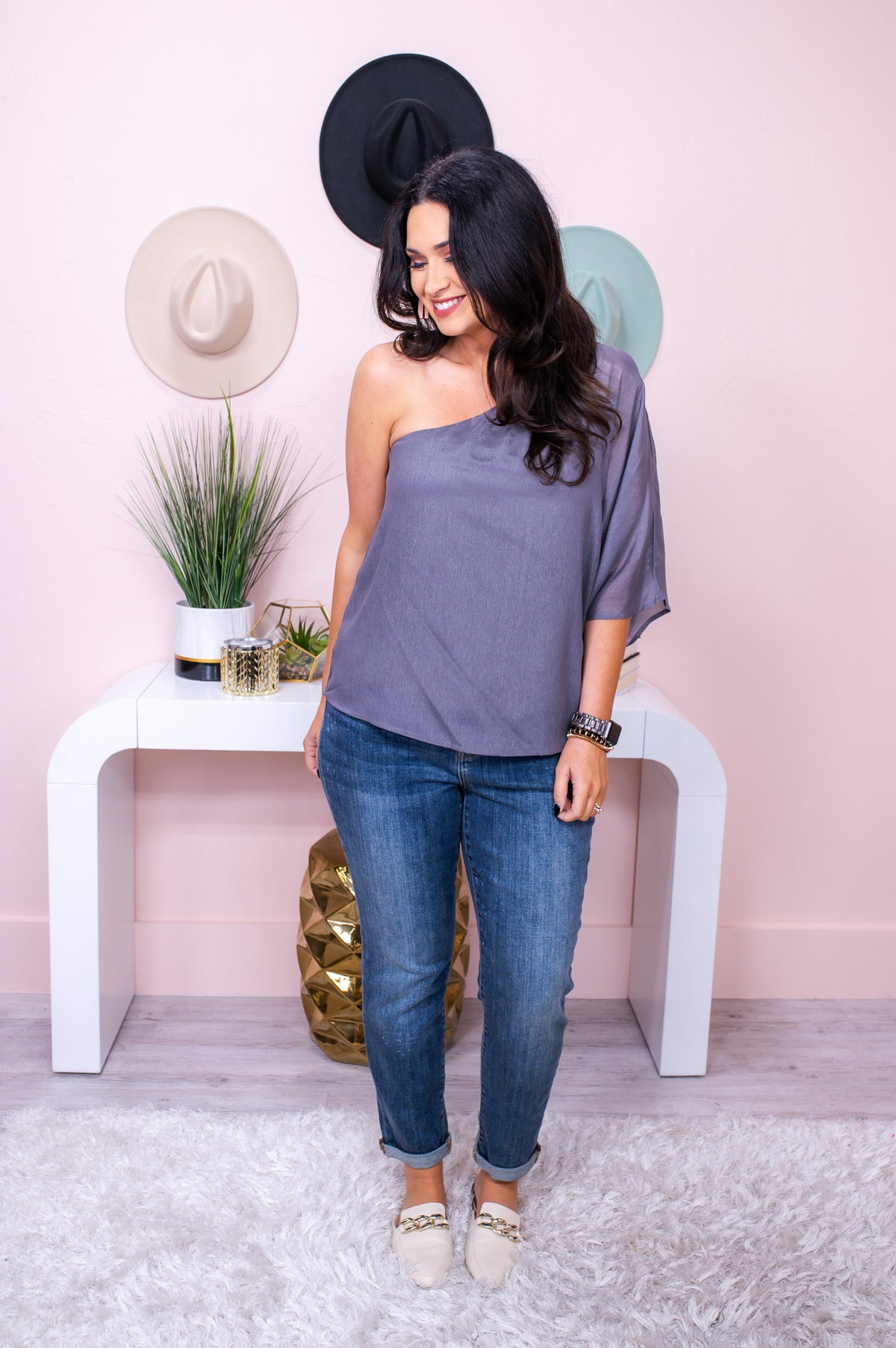 No Time Wasted Dark Gray Solid Open Shoulder Top - T5029DGR