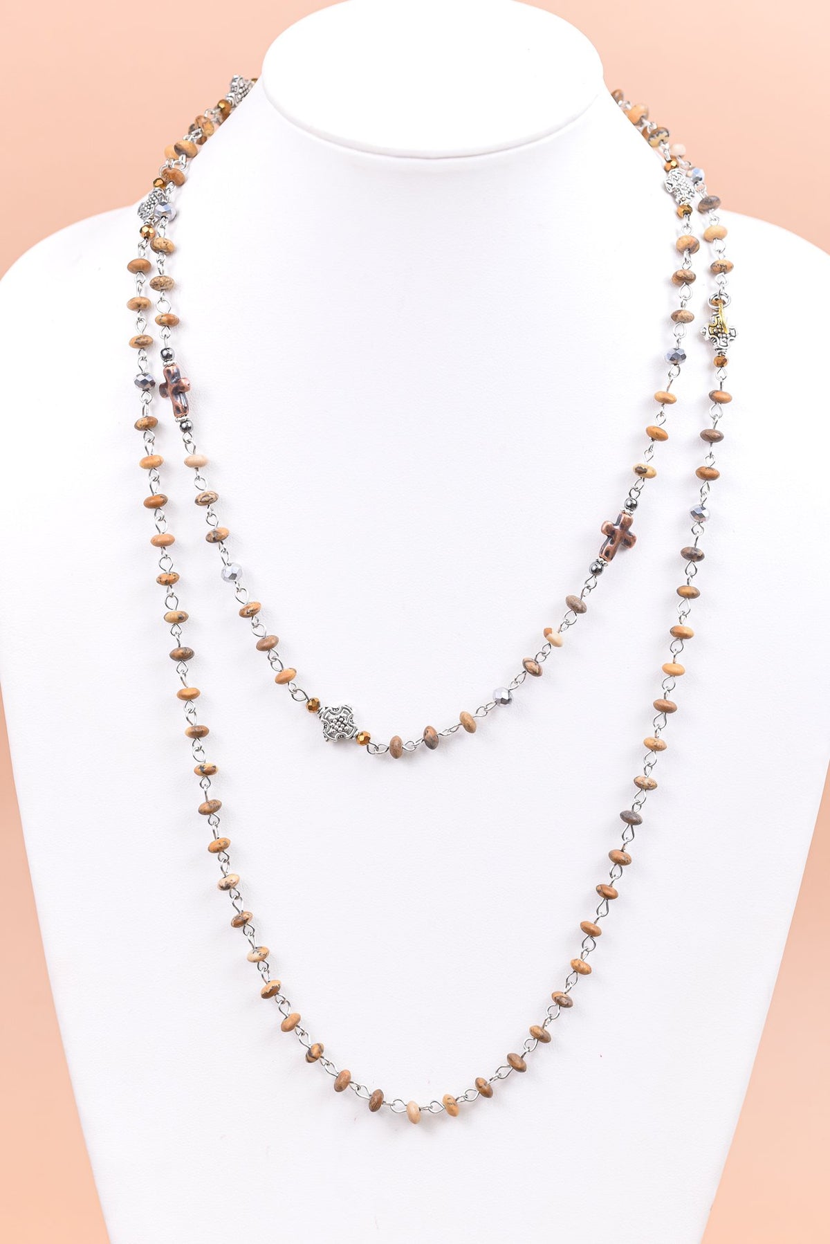 Silver/Brown/Beaded/Cross Charm Long Strand Necklace - NEK3942SI