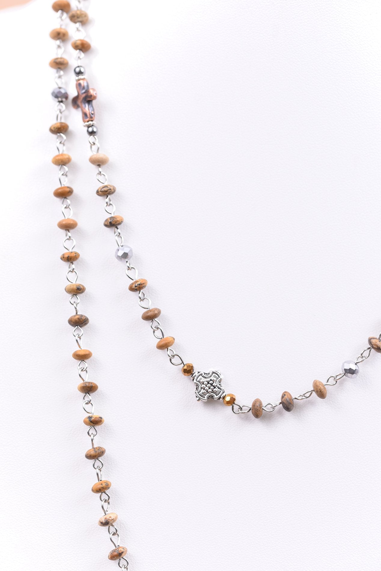Silver/Brown/Beaded/Cross Charm Long Strand Necklace - NEK3942SI