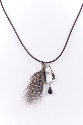 Black/Silver/Feather/Beaded/Leaf Charm Choker Necklace - NEK3937SI