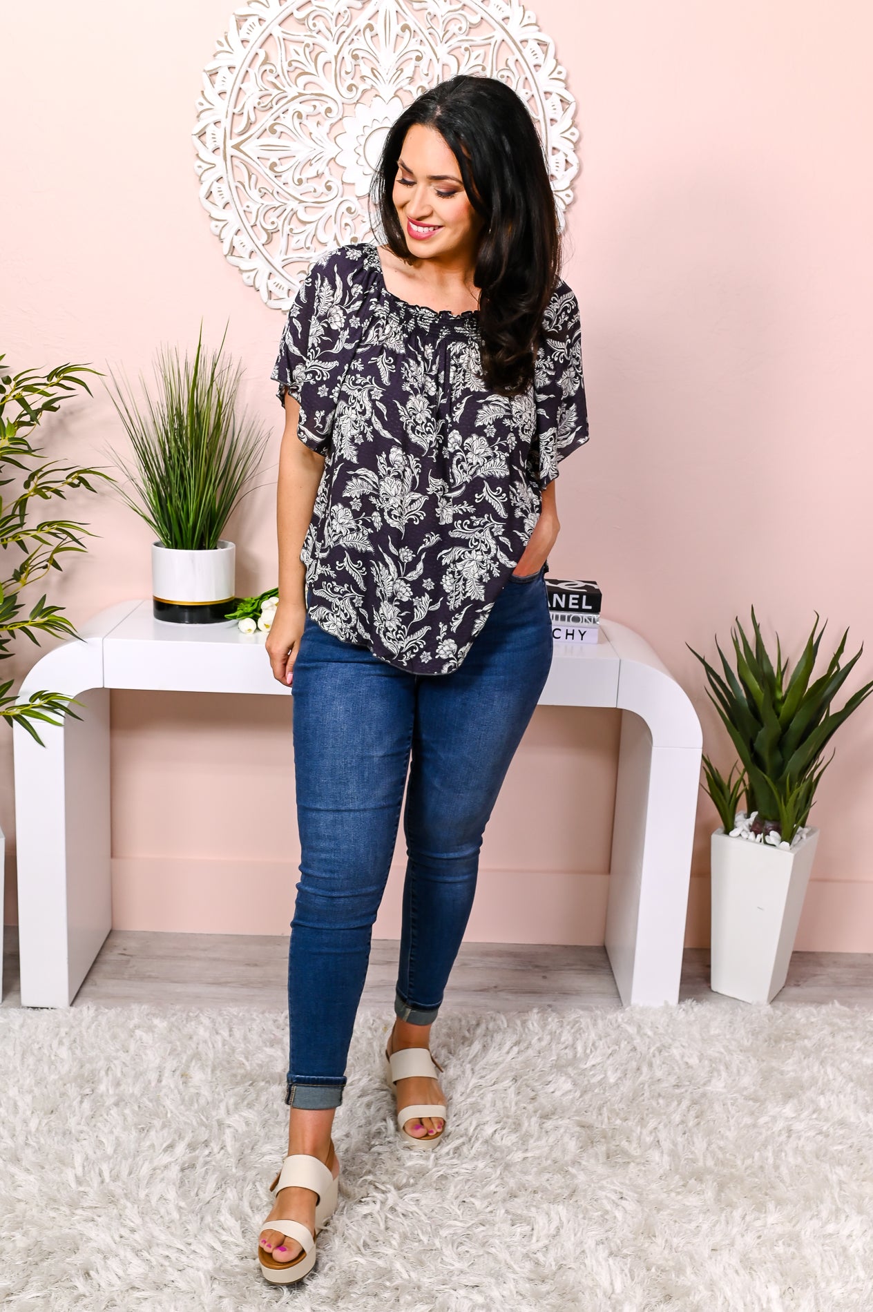 Effortlessly Me Charcoal Gray/Ivory Floral Top - T4655CG
