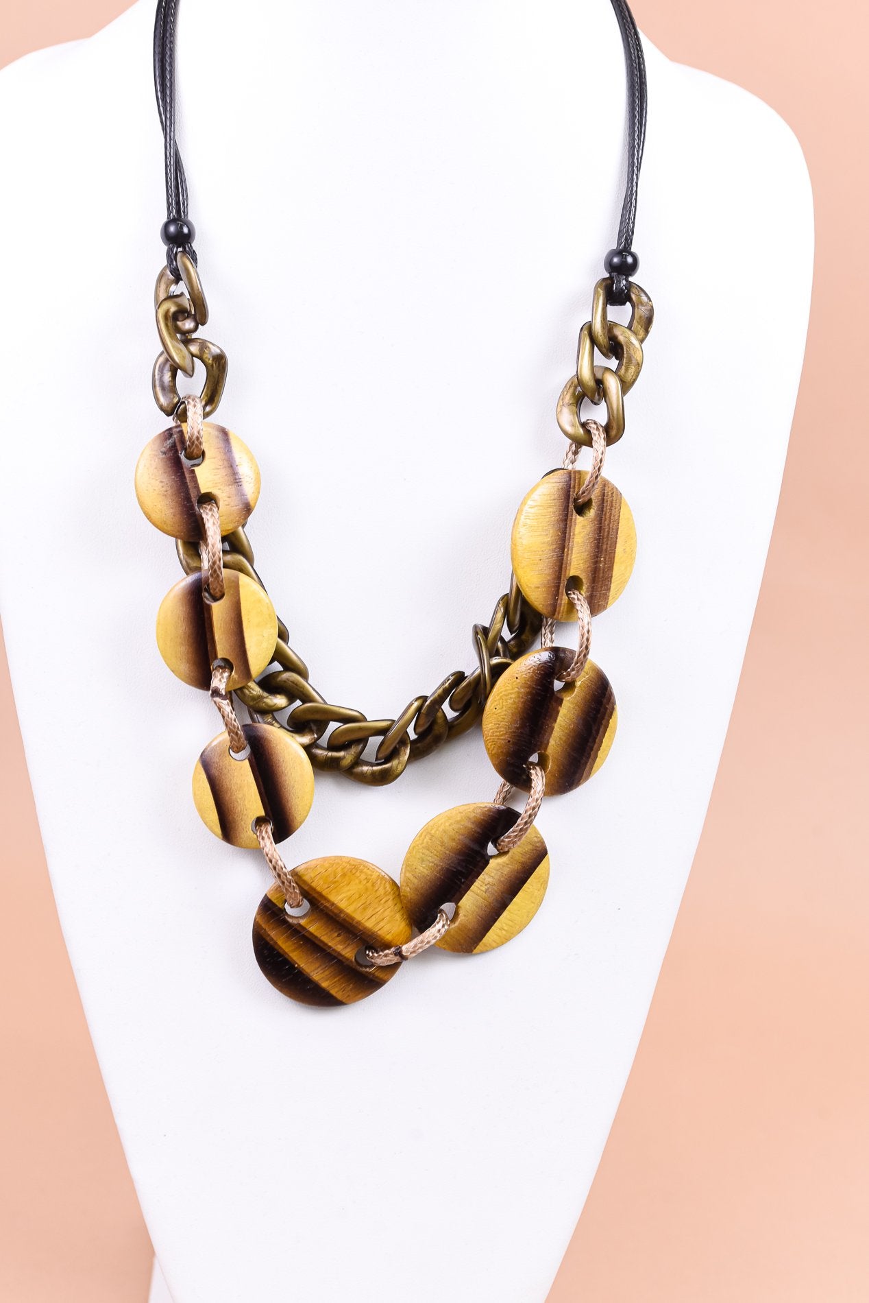 Black/Natural/Burnt Gold/Chain Linked/Layered/Wood Disk Necklace - NEK3944NA