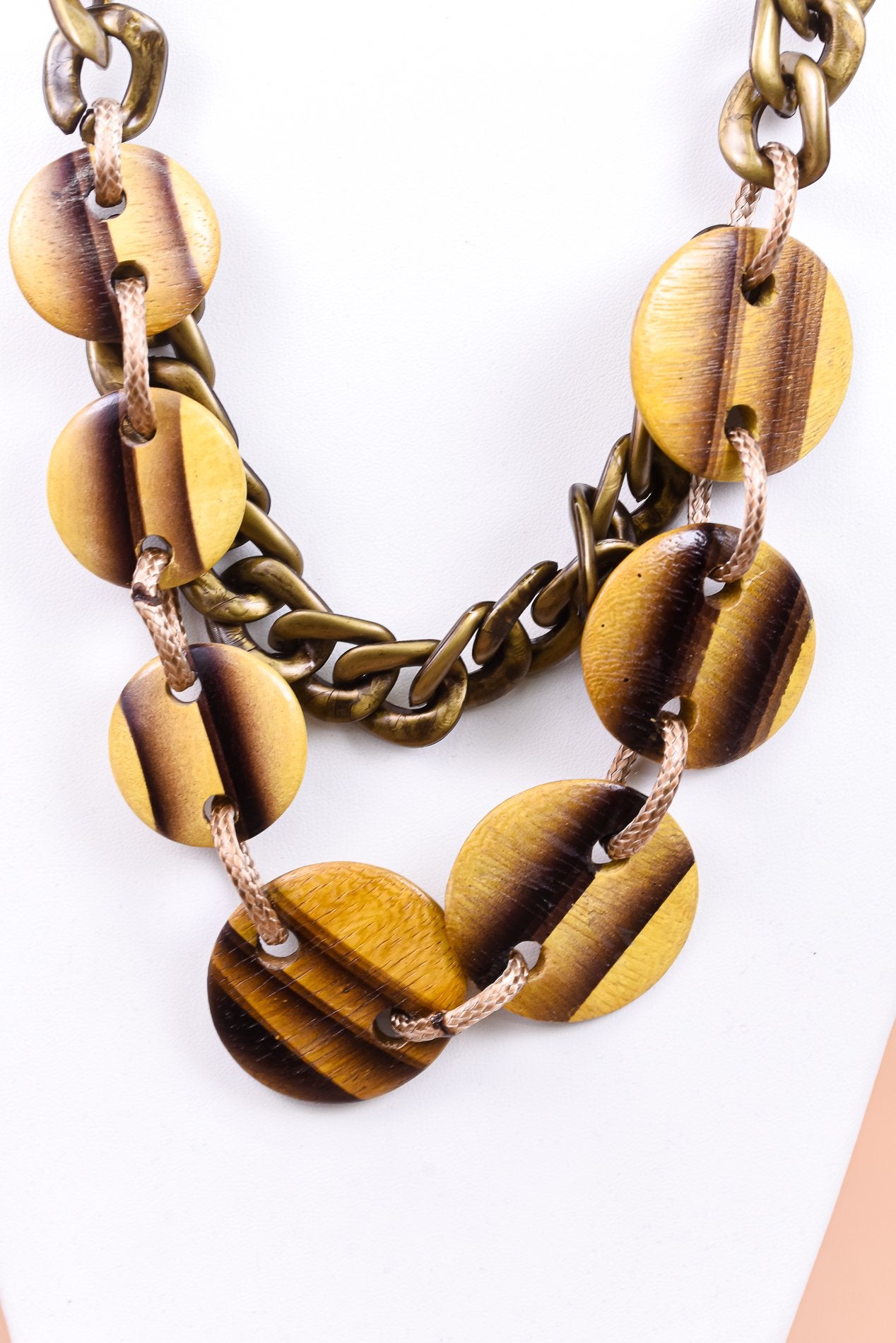 Black/Natural/Burnt Gold/Chain Linked/Layered/Wood Disk Necklace - NEK3944NA