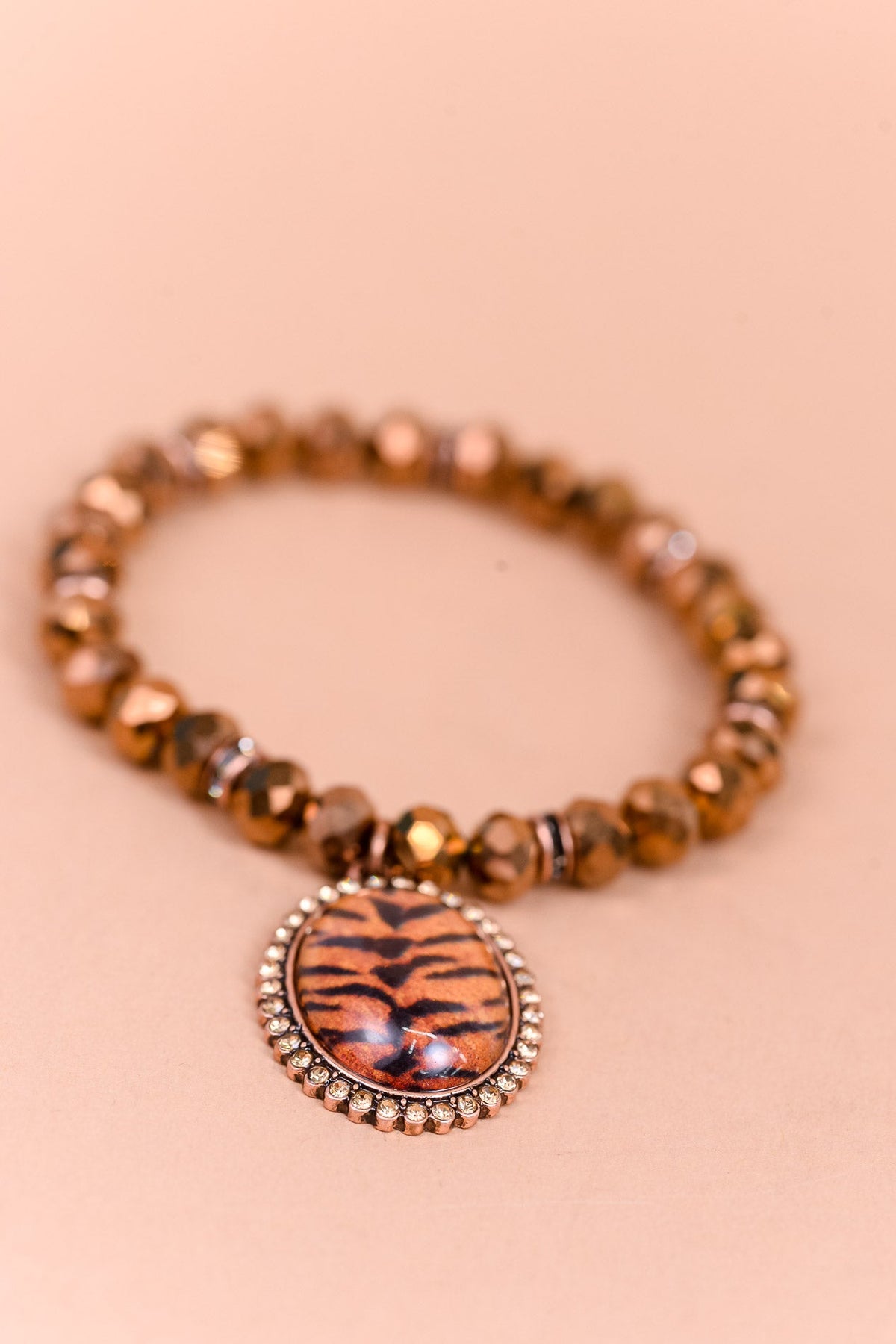 Brown/Orange/Black/Beaded/Bling/Resin Oval Charm Stretch Bracelet - BRC3168BR