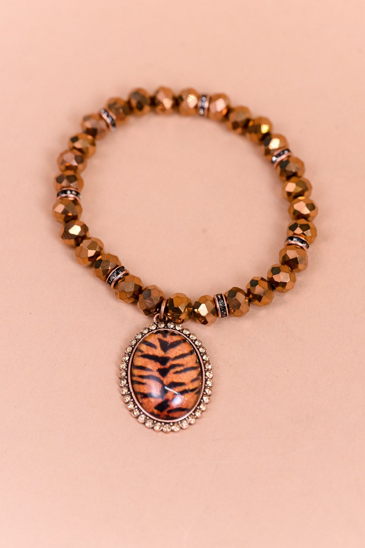 Brown/Orange/Black/Beaded/Bling/Resin Oval Charm Stretch Bracelet - BRC3168BR