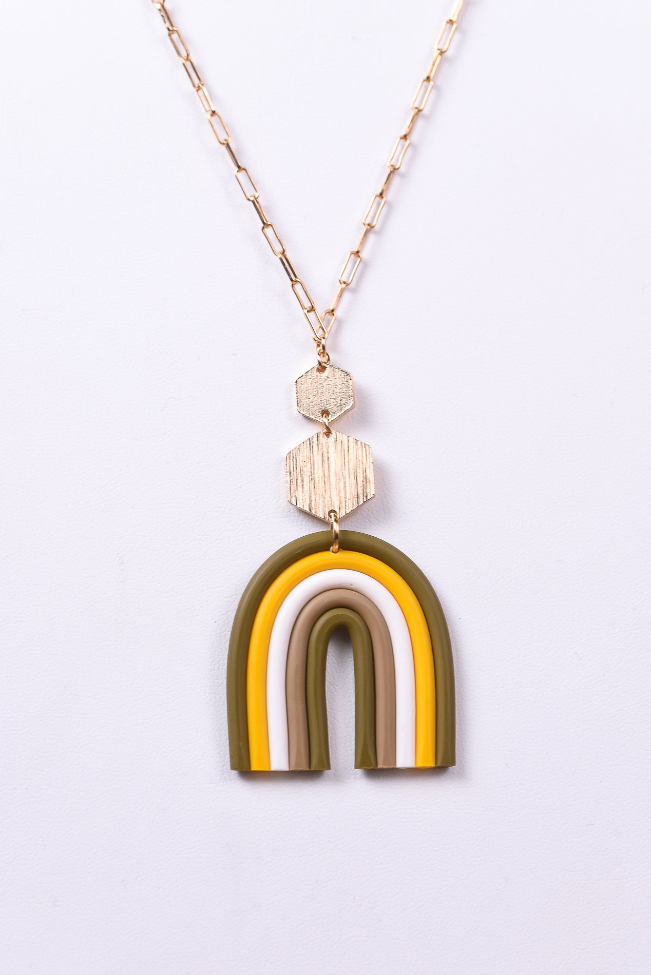 Gold/Yellow/Green/White/Hexagon Charm/Clay Arch Pendant Necklace - NEK4023GO