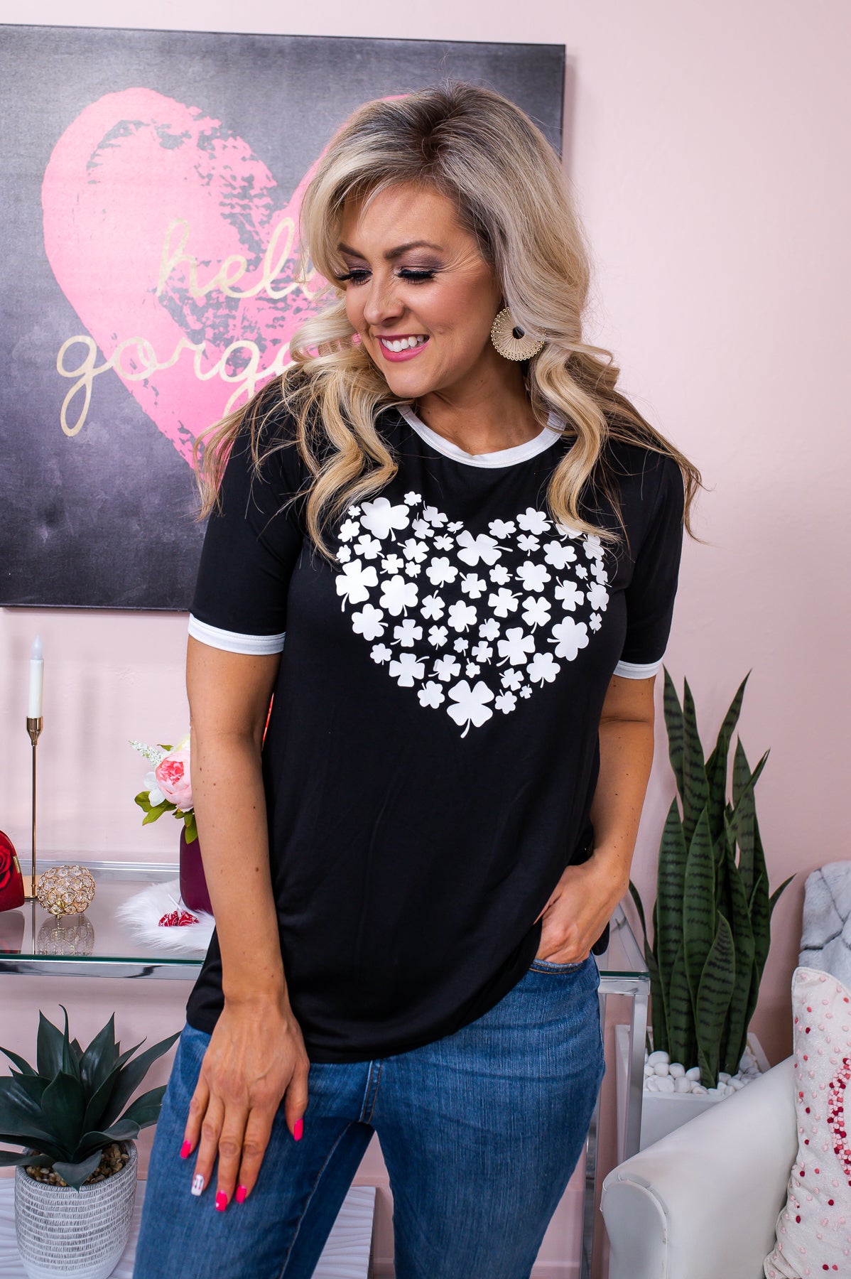 Wish Me Luck Black/Ivory Four Leaf Clover/Heart Top - T6237BK
