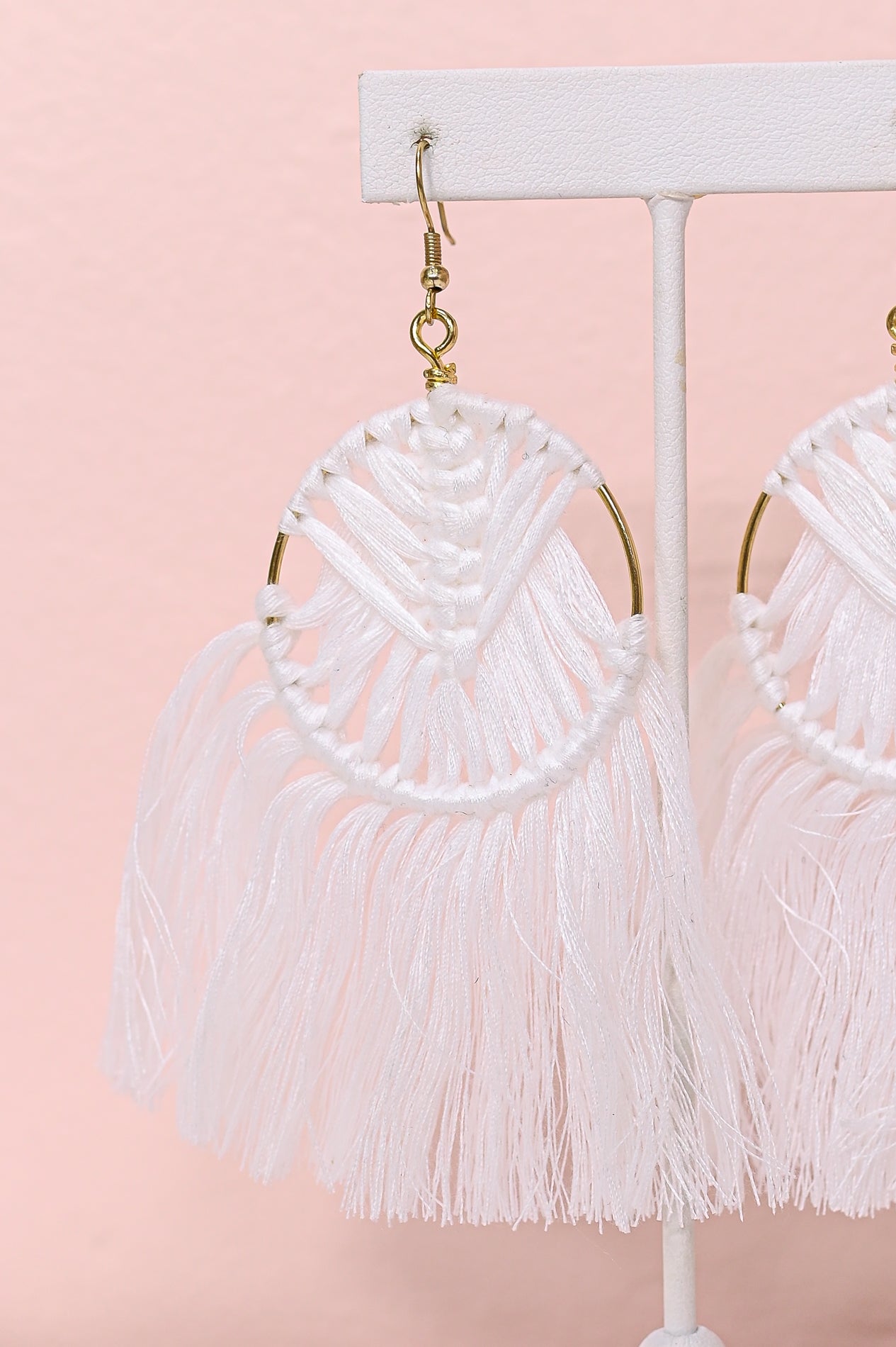 White/Gold Woven Hoop Tassel Earrings - EAR3861WH