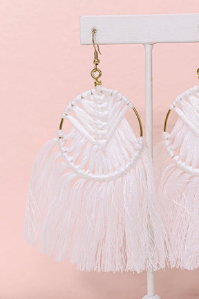White/Gold Woven Hoop Tassel Earrings - EAR3861WH
