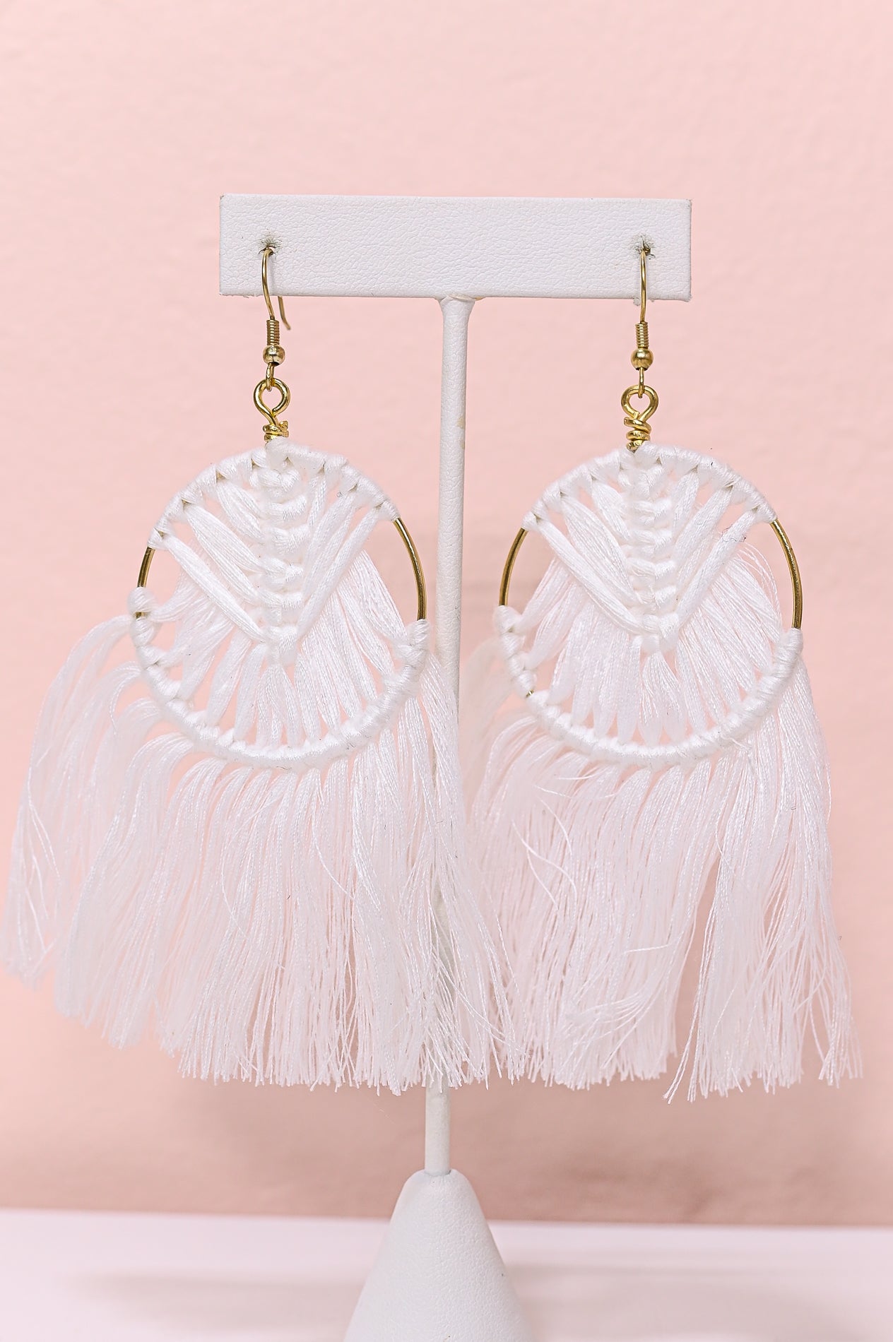White/Gold Woven Hoop Tassel Earrings - EAR3861WH