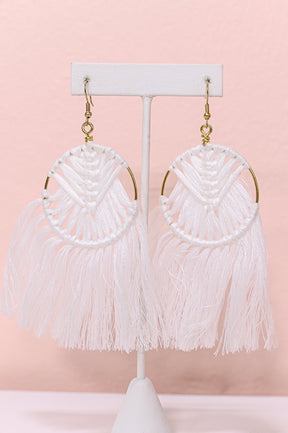 White/Gold Woven Hoop Tassel Earrings - EAR3861WH