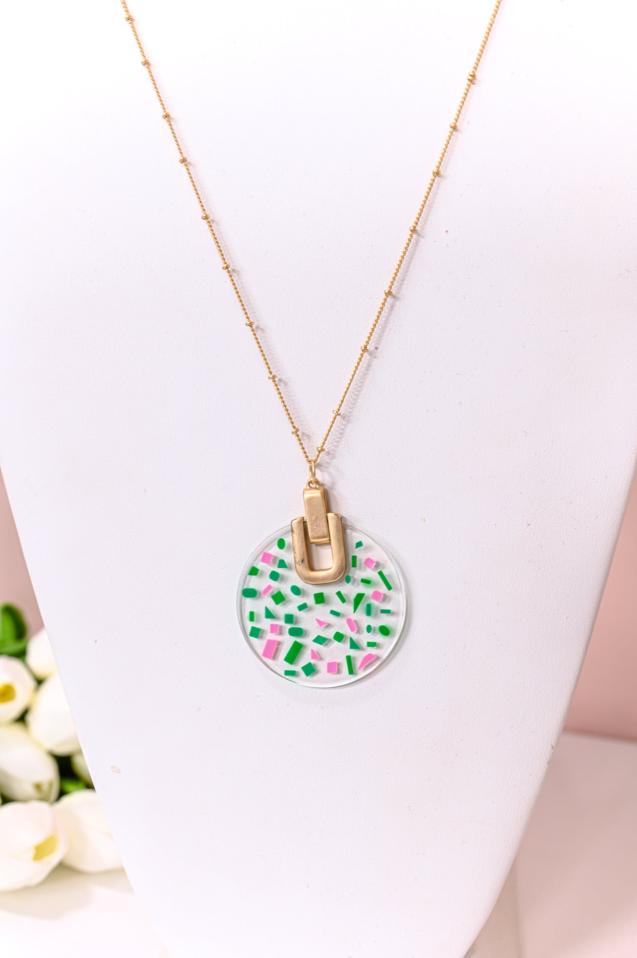 Green/Pink/Clear Round Disk Pendant Necklace - NEK4134GN
