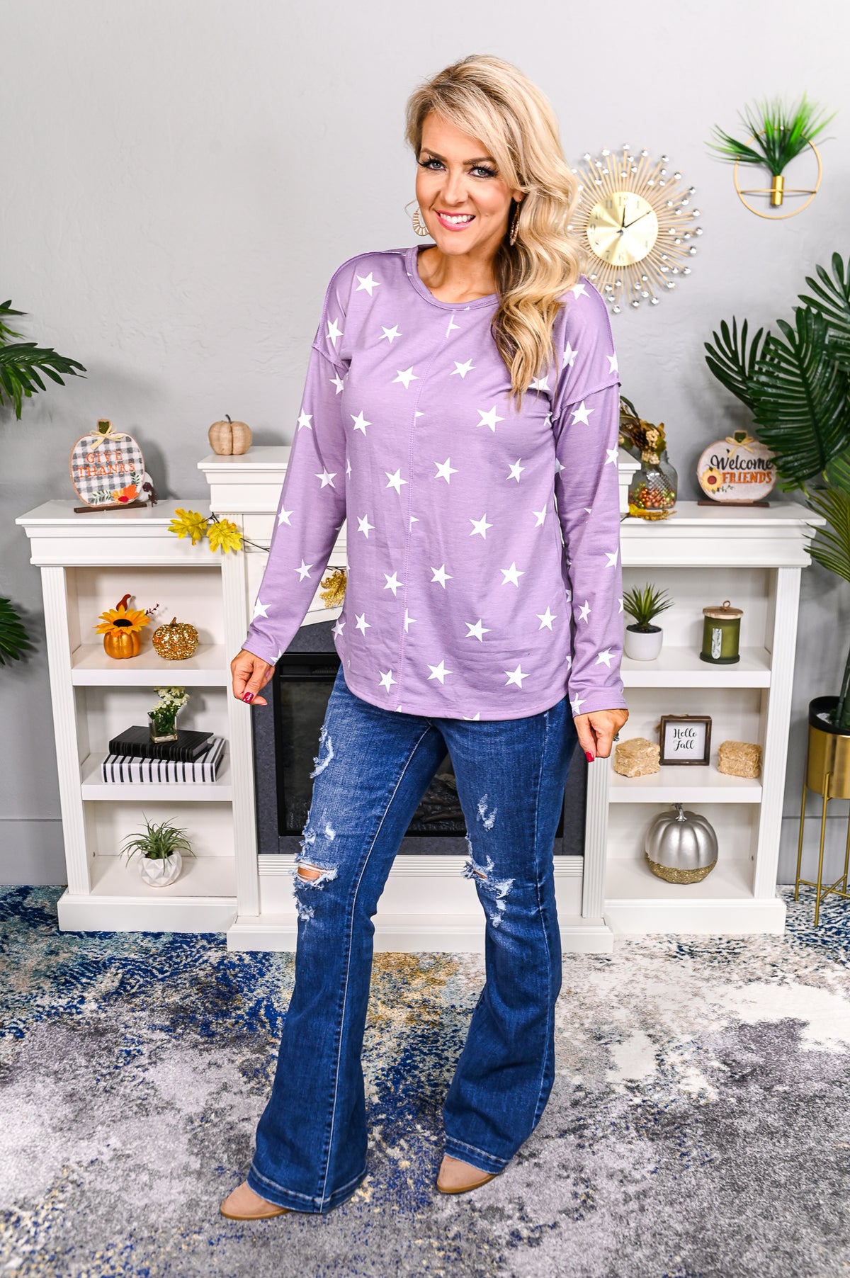 Shine Brighter Then The Stars Lavender/Ivory Star Printed Top - T5278LV