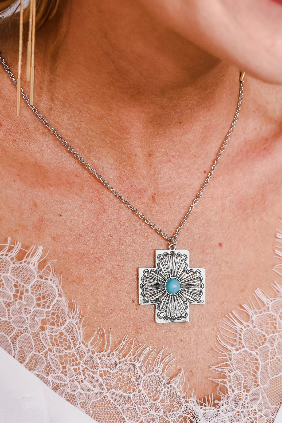Silver/Turquoise Cross Pendant Necklace - NEK4057SI