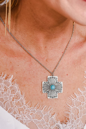 Silver/Turquoise Cross Pendant Necklace - NEK4057SI