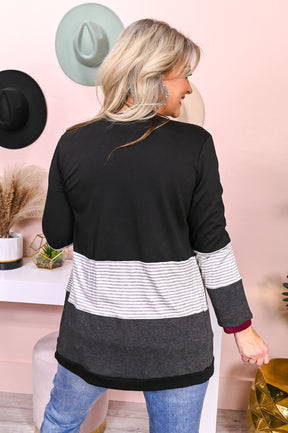 Obsessed With You Black/White/Charcoal Gray Striped/Colorblock Cardigan - O4479BK