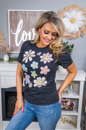 Flowers With The Power Dark Heather Gray Smiling Daisy Graphic Tee - A2475DHG