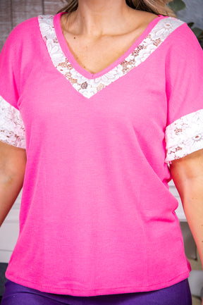 Delicately Beautiful Neon Pink/White Lace V Neck Top - T6823NPK