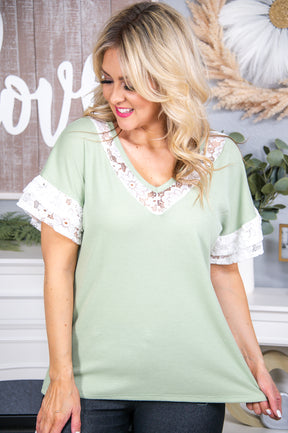 Delicately Beautiful Sage/White Lace V Neck Top - T6822SG