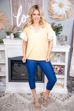 Delicately Beautiful Yellow/White Lace V Neck Top - T6819YE
