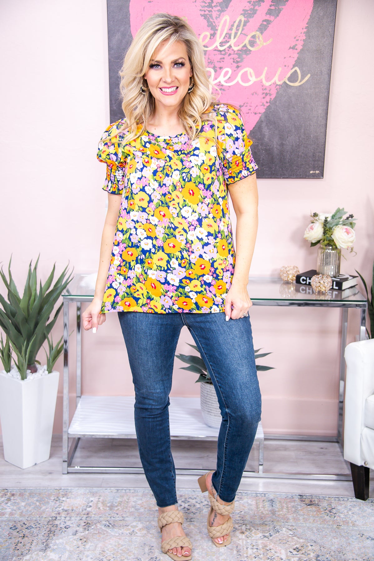 Early Morning Blooms Navy/Multi Color Floral Top - T6849NV