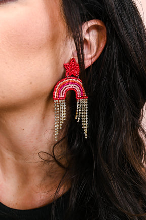 Red Seed Bead Crystal Fringe Rainbow Earrings - EAR3875RD