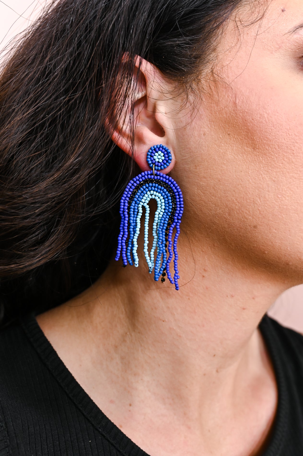 Blue Seed Bead Arch Fringe Earrings - EAR3880BL