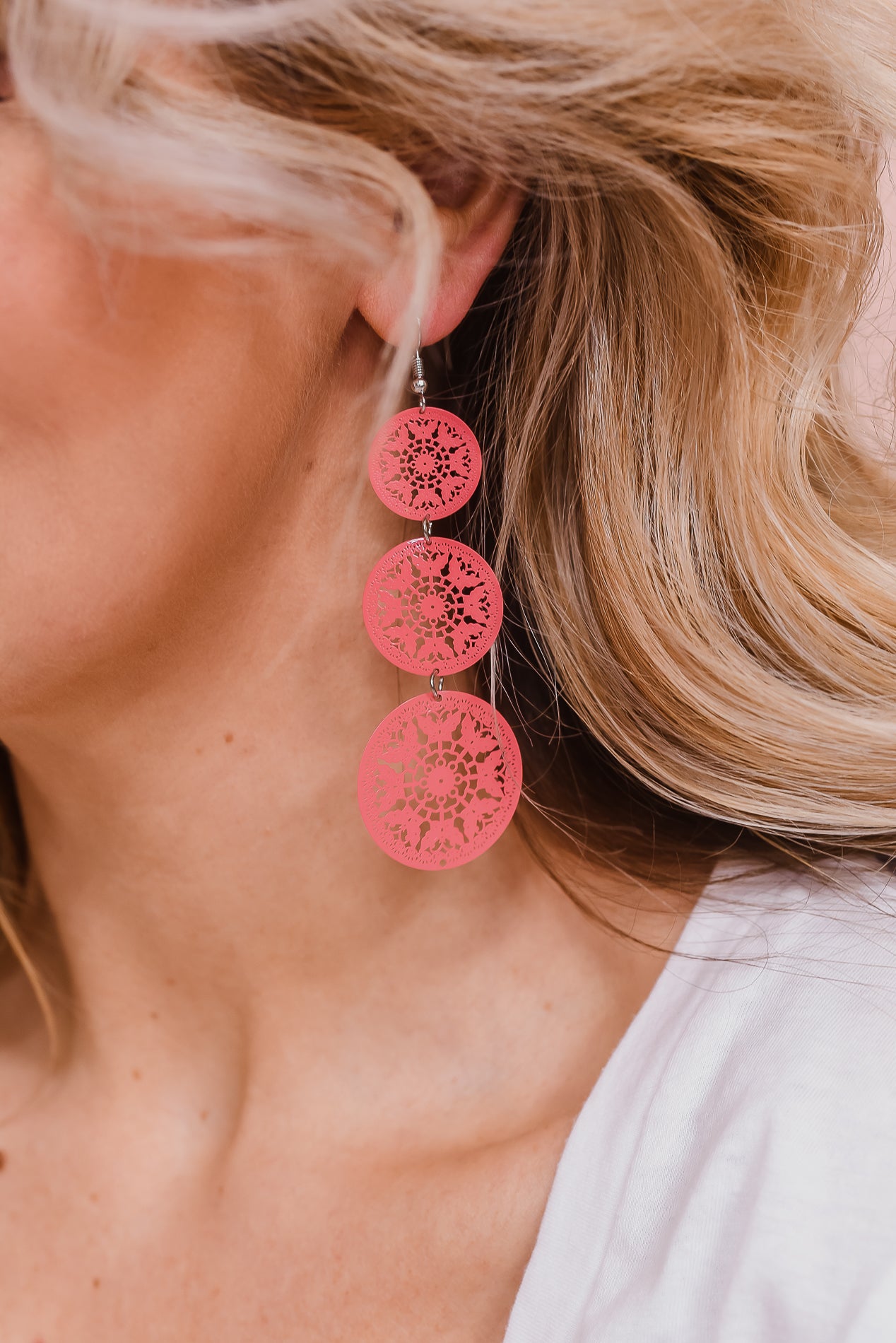 Pink Triple Disk Filigree Earrings - EAR3779PK