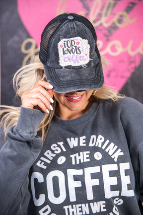 Top Knots & Coffee Vintage Black Crisscross Hat - HAT1461VBK