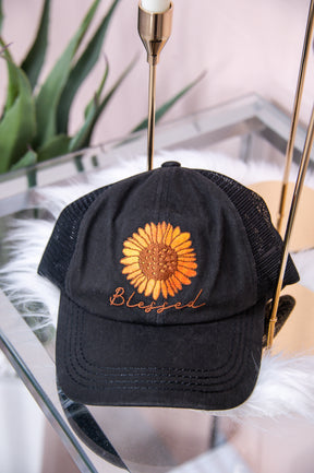 Blessed Black/Orange Sunflower Crisscross Trucker Hat - HAT1462OR