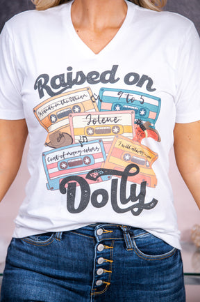 Raised On Dolly White V Neck Graphic Tee - A2656WH