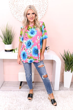 Hype It Up Hot Pink/Blue Floral Top - T4453HPK