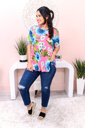 Hype It Up Hot Pink/Blue Floral Top - T4453HPK