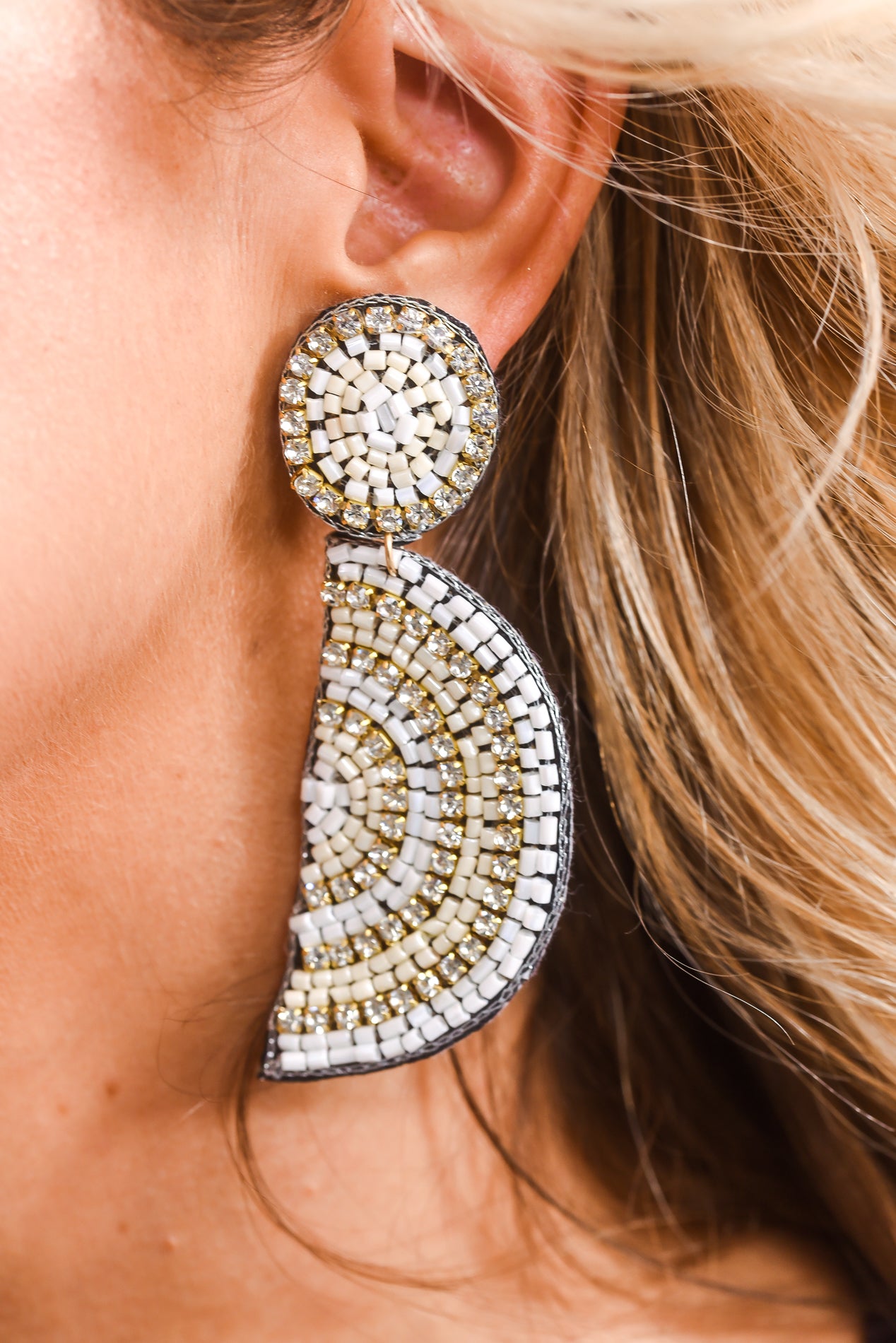 White/Ivory/Clear Seed Bead Half Circle Earrings - EAR3810WH