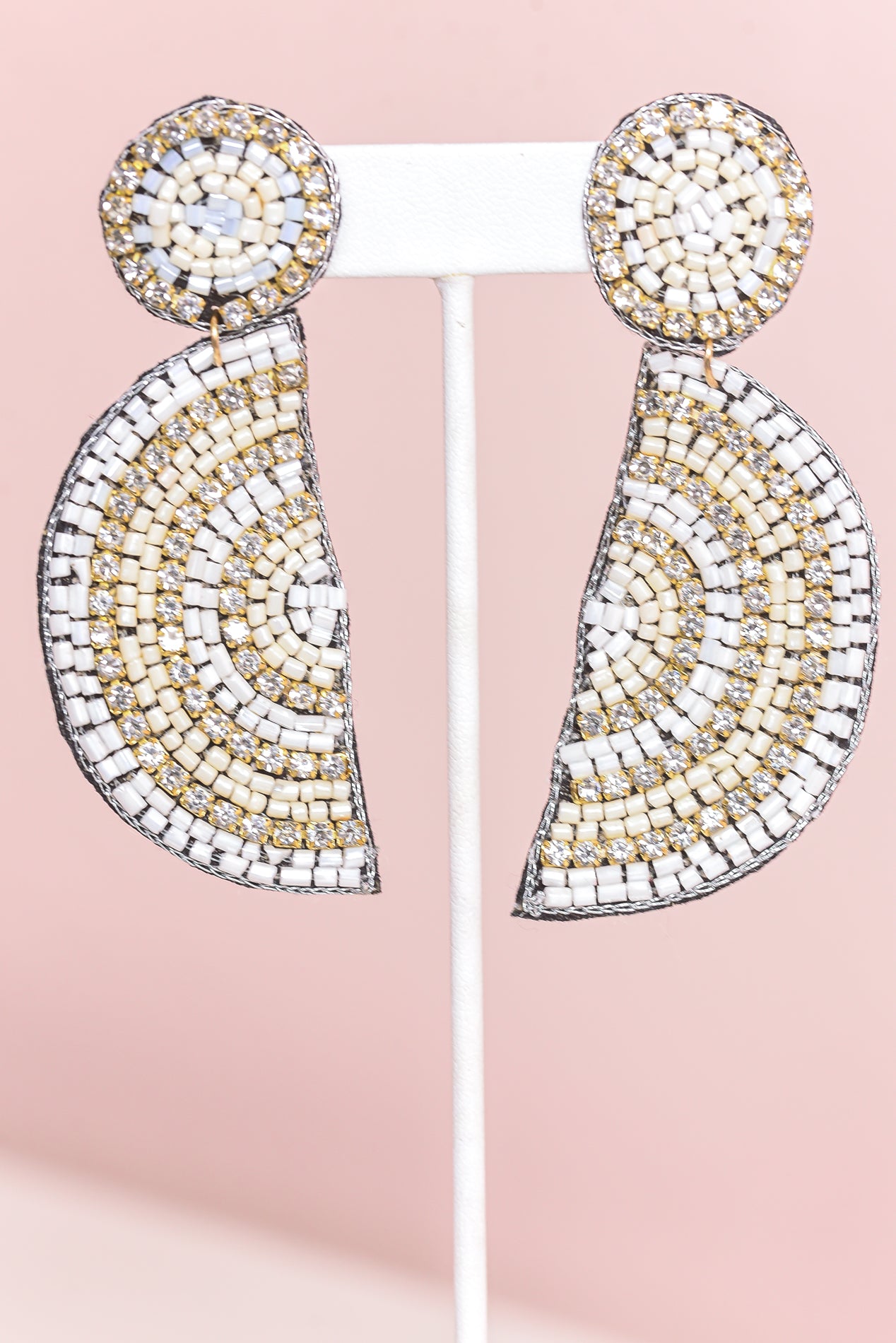 White/Ivory/Clear Seed Bead Half Circle Earrings - EAR3810WH