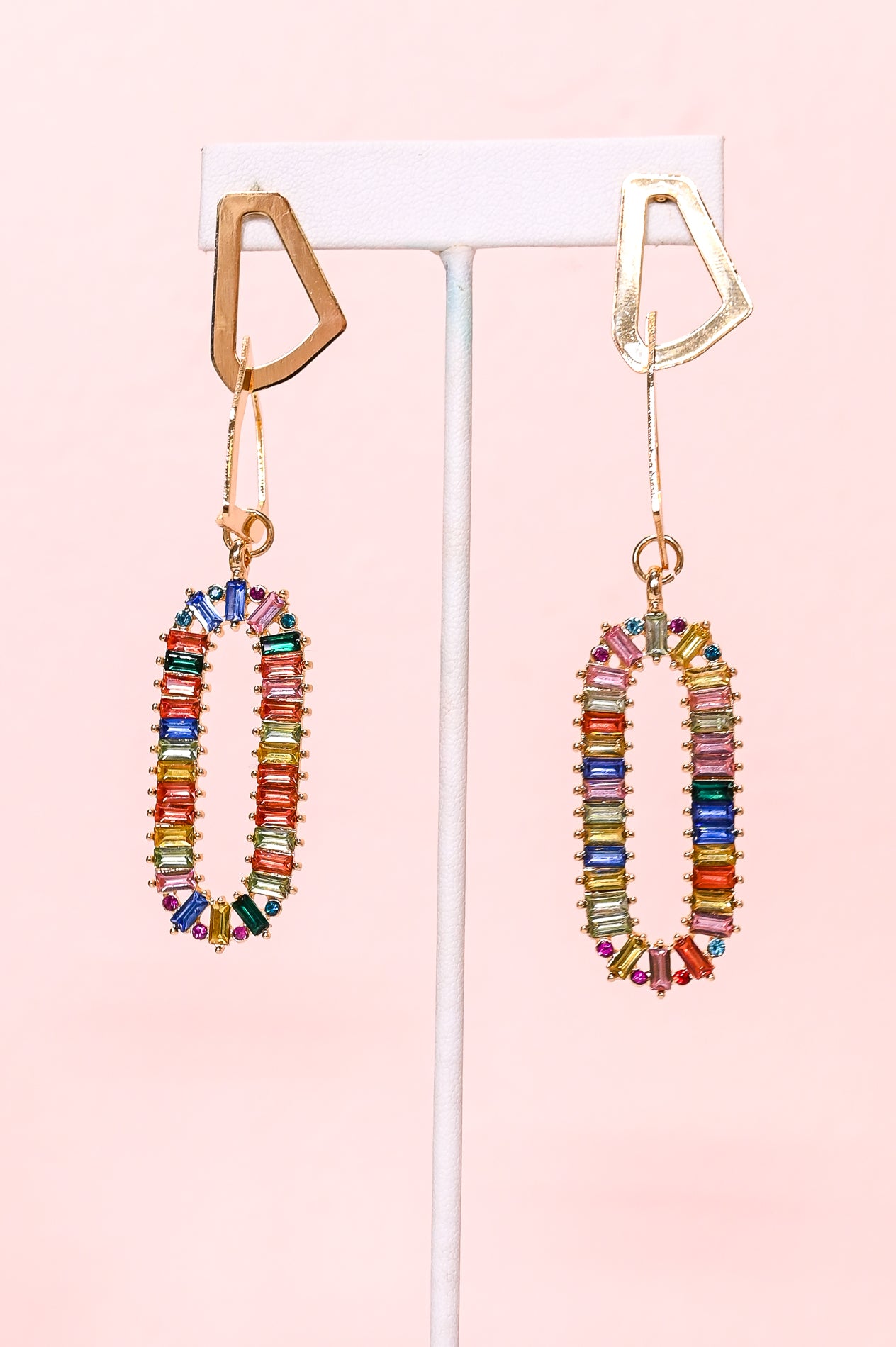 Gold/Multi Color Geometric/Oval Rhinestone Dangle Earrings - EAR3942GO