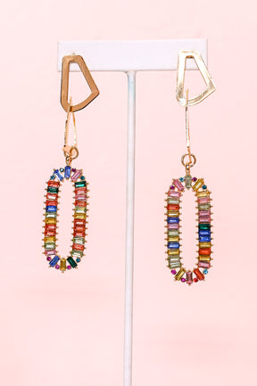 Gold/Multi Color Geometric/Oval Rhinestone Dangle Earrings - EAR3942GO