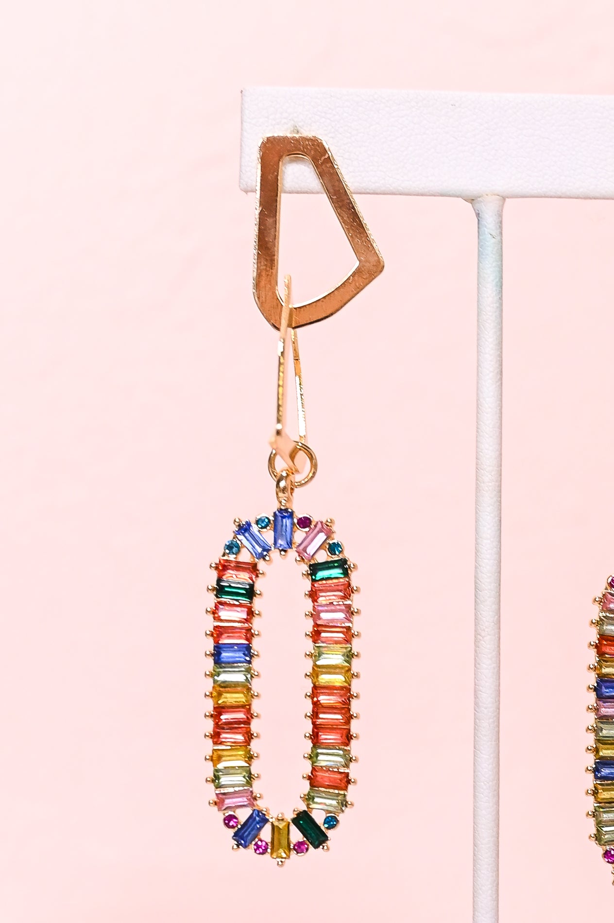 Gold/Multi Color Geometric/Oval Rhinestone Dangle Earrings - EAR3942GO