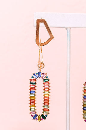 Gold/Multi Color Geometric/Oval Rhinestone Dangle Earrings - EAR3942GO