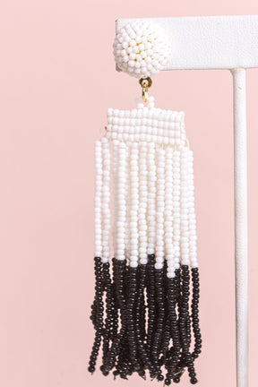 Black/White Seed Bead Tassel Earrings - EAR3806BW