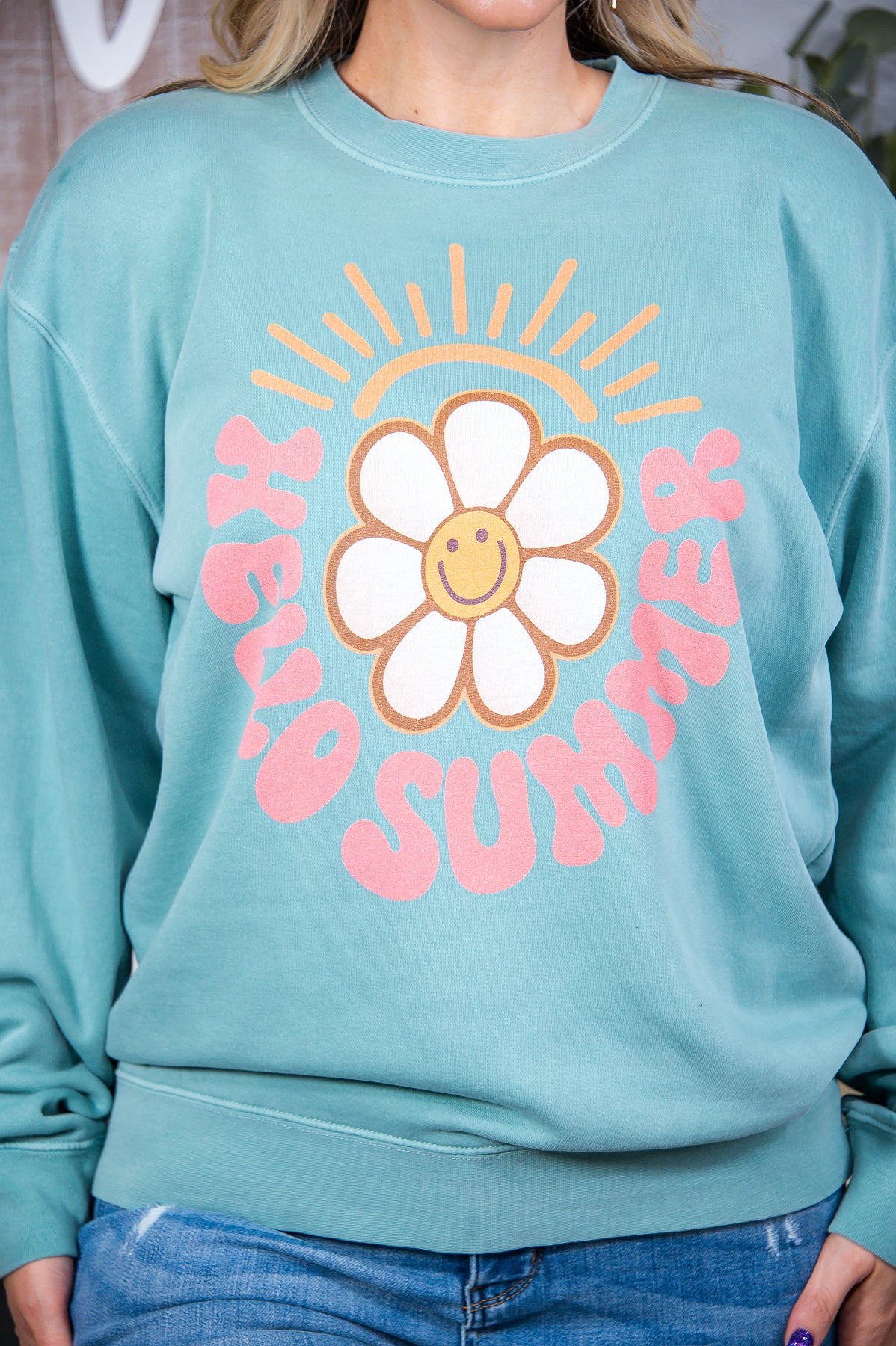 Hello Summer Pigment Mint Graphic Sweatshirt - A2685PMT